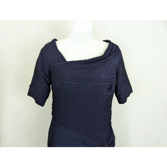 Tadashi Shoji Dress Navy Blue Asymmetric Ruched Midi Nylon Blend Misses Size M - Picture 2 of 7